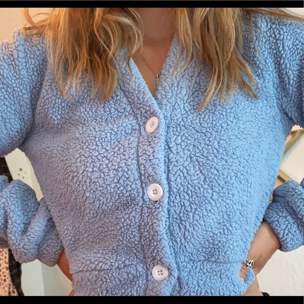 Blue Cropped Button Up Sweater